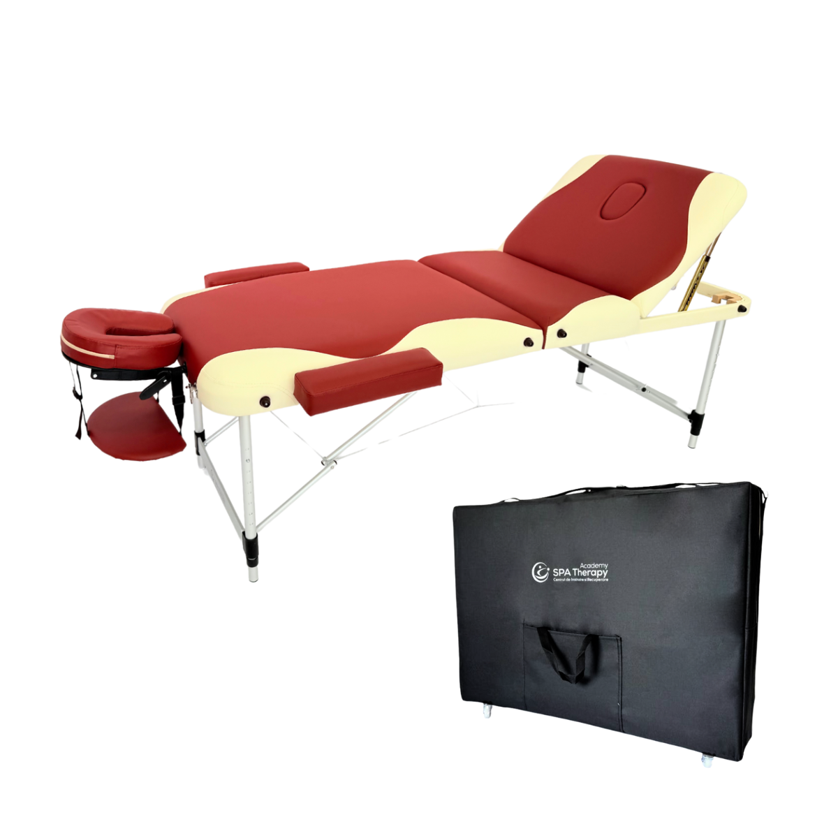 Masă masaj 3 secțiuni metal, 70 cm, spuma 8 cm - Crem/Bordo - imaginea 2