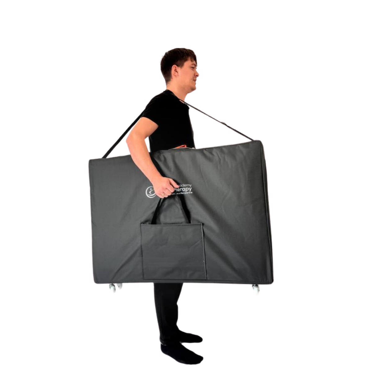 Masă de masaj metal, 65 cm, 3 secțiuni (eco piele, spumă 8 cm) Negru/Albastru,Husă cu roți - imaginea 12