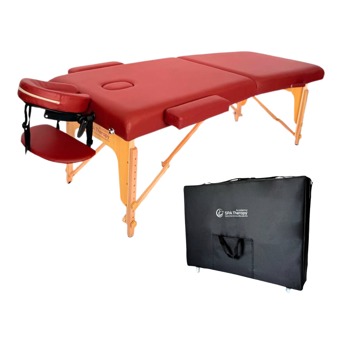 Masă de masaj lemn, 70cm 2 secțiuni (eco piele spumă 8 cm) Bordo,Husă cu roți. - 1