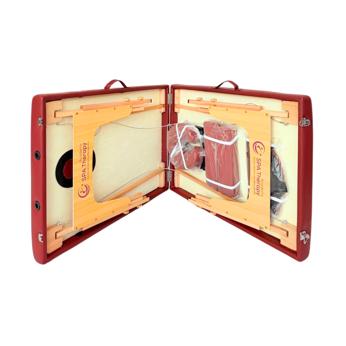 Masă de masaj lemn, 70cm 2 secțiuni (eco piele spumă 8 cm) Bordo,Husă cu roți. - 10