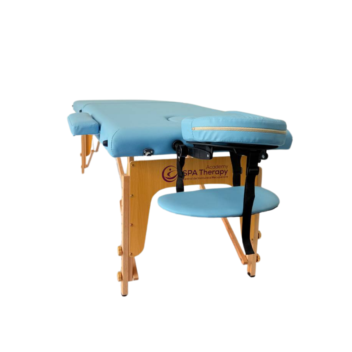 Masă de masaj lemn,65 cm, 2 secțiuni (eco piele, spuma de 8 cm) Albastru,Husa cu roți. - 3