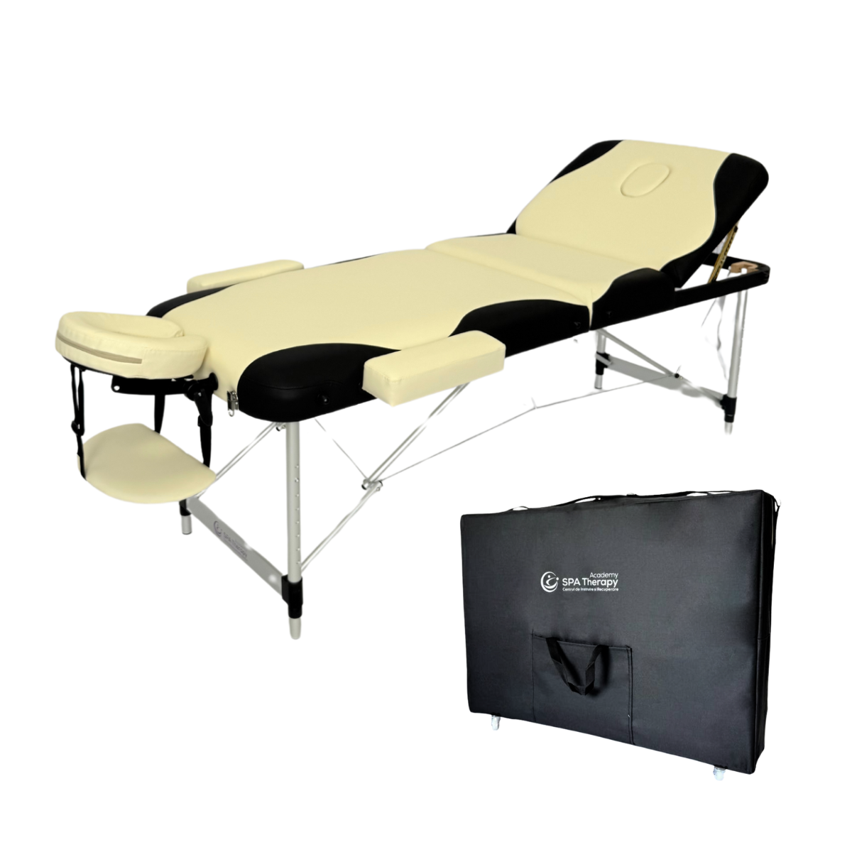 Masă de masaj metal, 65 cm, 3 secțiuni (eco piele, spumă 8 cm) Negru/Albastru,Husă cu roți - imaginea 21